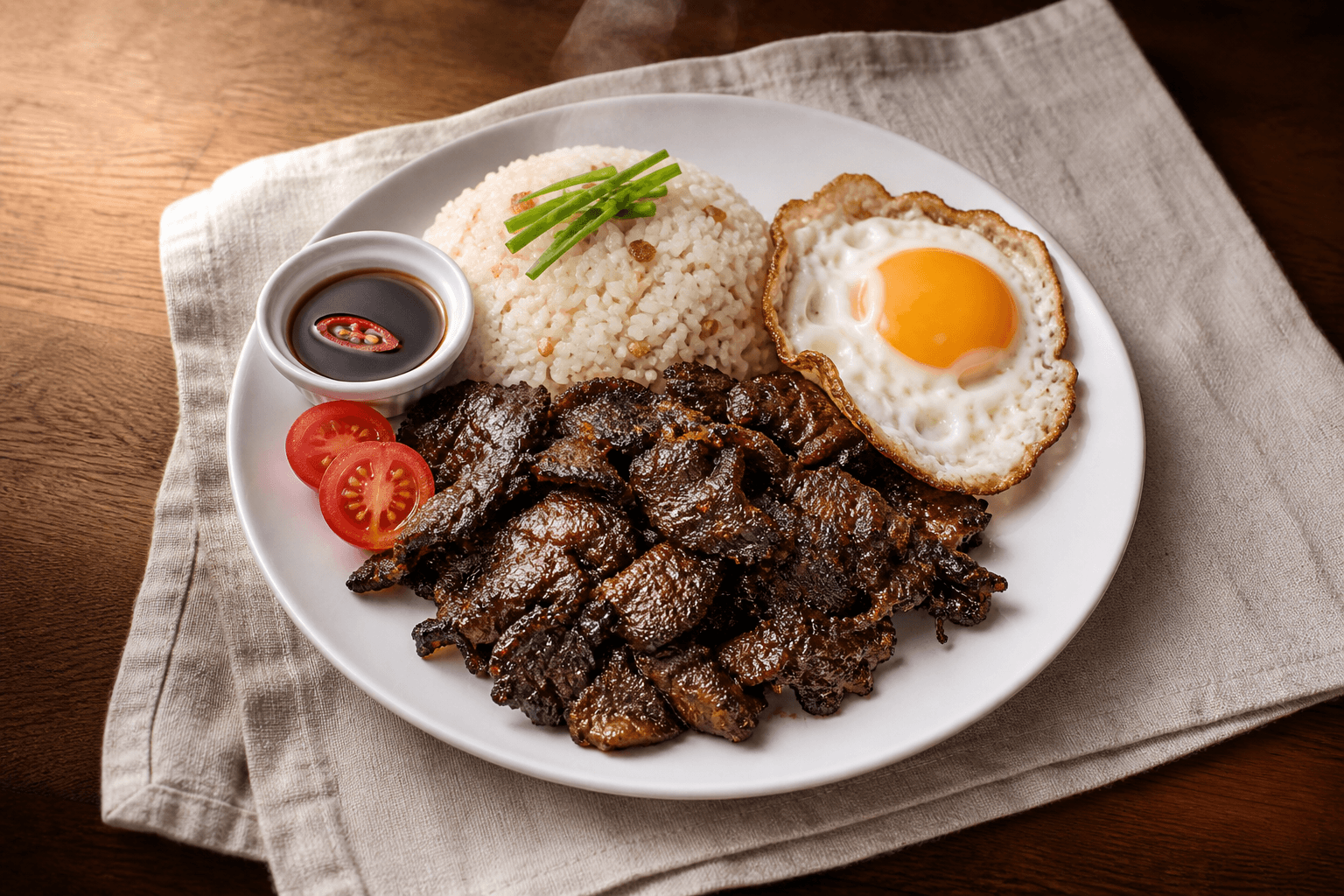 Hyper-real overhead photograph of a white plate of Filipino beef tapa with garlic rice, a sunny-side egg, fresh tomato slices, and a small ramekin of soy-vinegar dipping sauce, on a beige linen napkin over a dark walnut table.