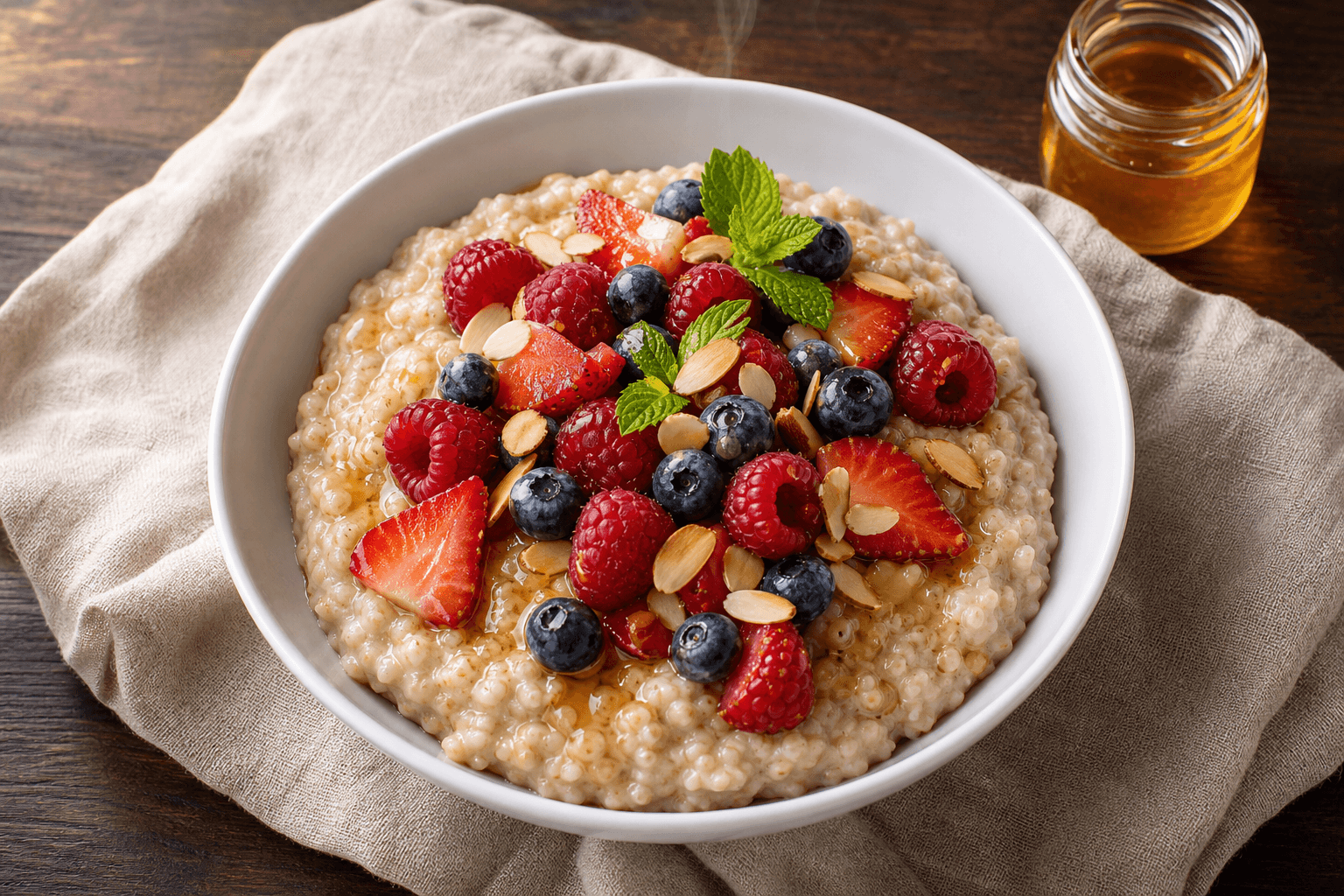 Wide white bowl of steel-cut oatmeal topped with raspberries, blueberries, sliced strawberries, toasted almonds, mint leaves, and a drizzle of honey, on a beige linen napkin over a dark walnut table.