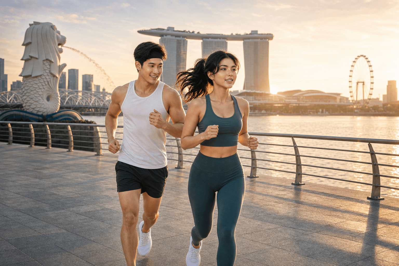 A man and a woman in their mid-20s, both Pan-Asian fitness coaches, jogging side-by-side along the Marina Bay waterfront promenade at sunrise. The Merlion, Marina Bay Sands, and the Singapore Flyer are visible behind them under a soft pink-orange sunrise sky.