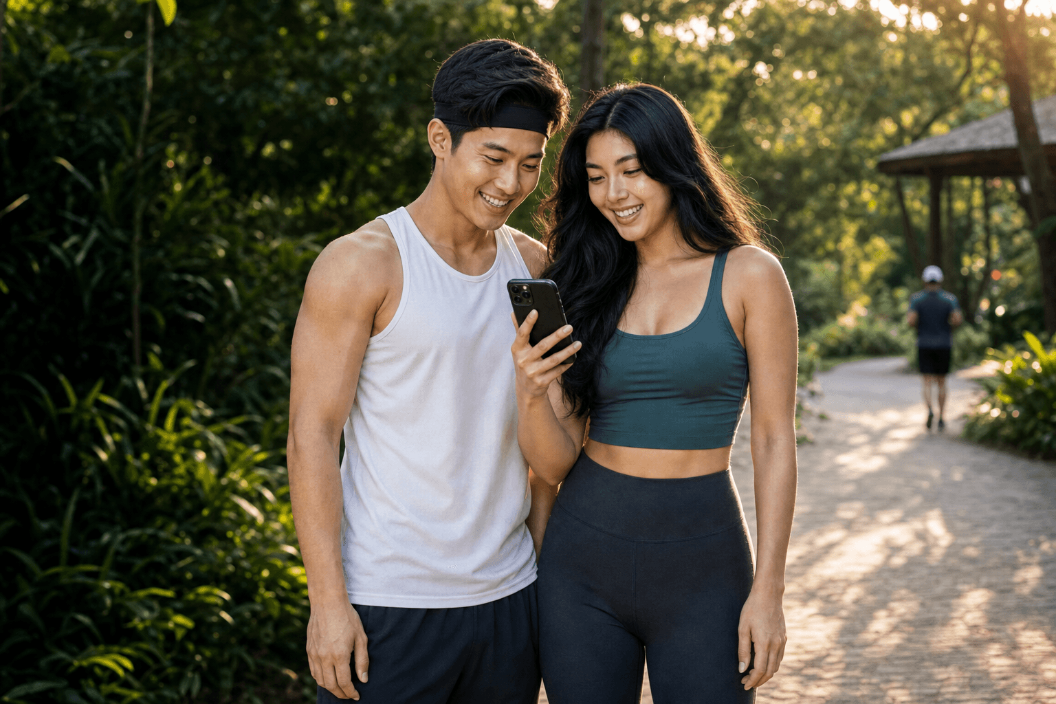 Two Pan-Asian fitness coaches in their mid-20s, a man and a woman, standing shoulder-to-shoulder in a sun-dappled tropical park. She is holding her phone with the GoodFitCoach AI app on screen, the man is leaning in beside her to look at it, both smiling joyfully at the screen.
